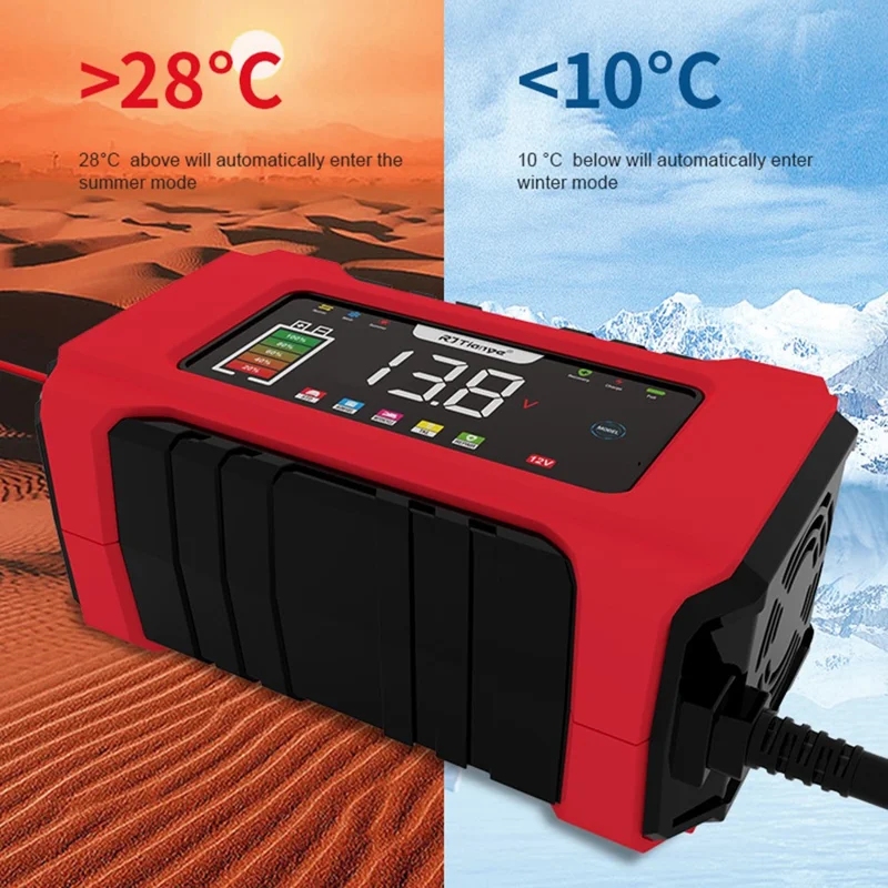 RJTIANYE RJ-C120501B شاحن بطارية السيارة بشاشة عرض وتوصيل باللمس بـ 9 مراحل مع وضع الذاكرة وقفل الوضع - قابس أمريكي / أصفر