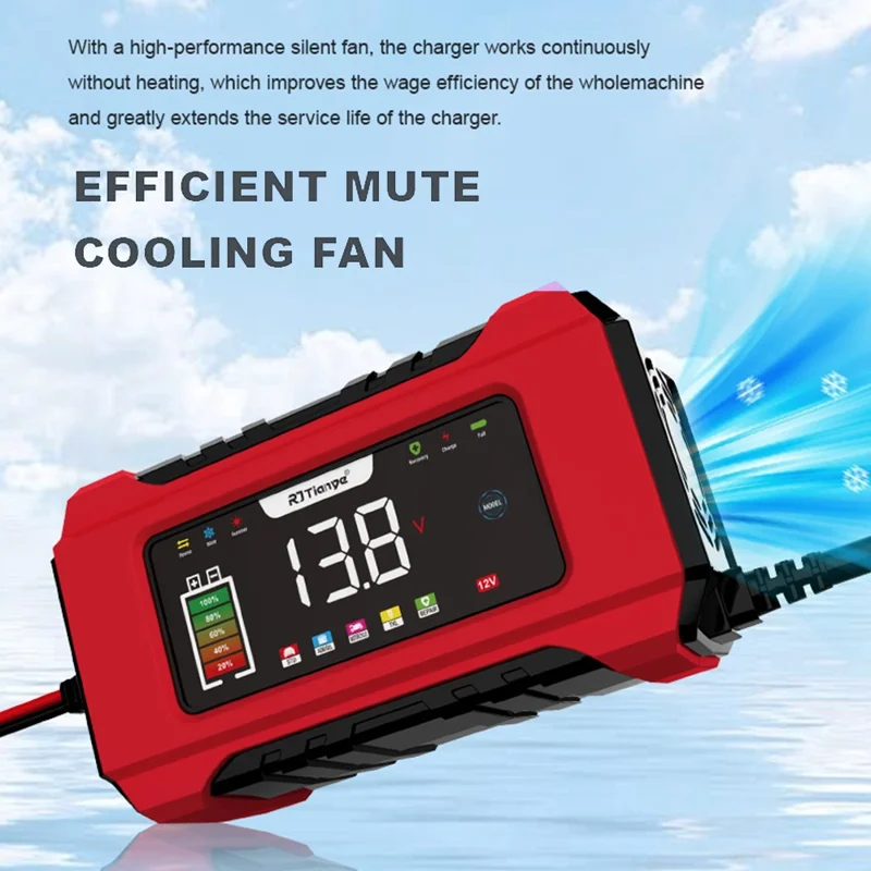 RJTIANYE RJ-C120501B شاحن بطارية السيارة بشاشة عرض وتوصيل باللمس بـ 9 مراحل مع وضع الذاكرة وقفل الوضع - قابس أمريكي / أصفر