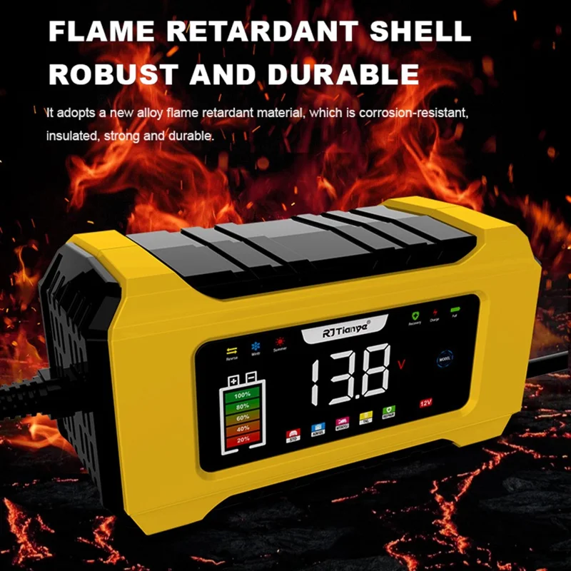 RJTIANYE RJ-C120501B شاحن بطارية السيارة بشاشة عرض وتوصيل باللمس بـ 9 مراحل مع وضع الذاكرة وقفل الوضع - قابس أمريكي / أصفر