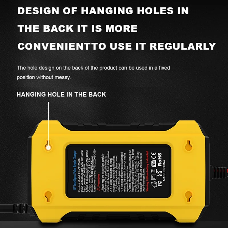 RJTIANYE RJ-C120501B شاحن بطارية السيارة بشاشة عرض وتوصيل باللمس بـ 9 مراحل مع وضع الذاكرة وقفل الوضع - قابس أمريكي / أصفر