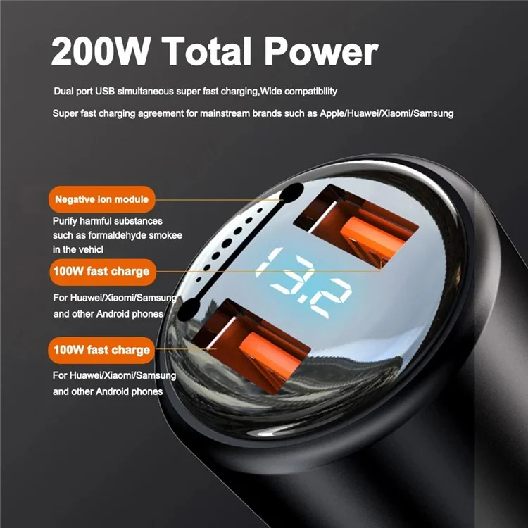 P6J 12V-24V Car Dual 100W USB Fast Phone Charger with iP+Micro+USB-C Cable