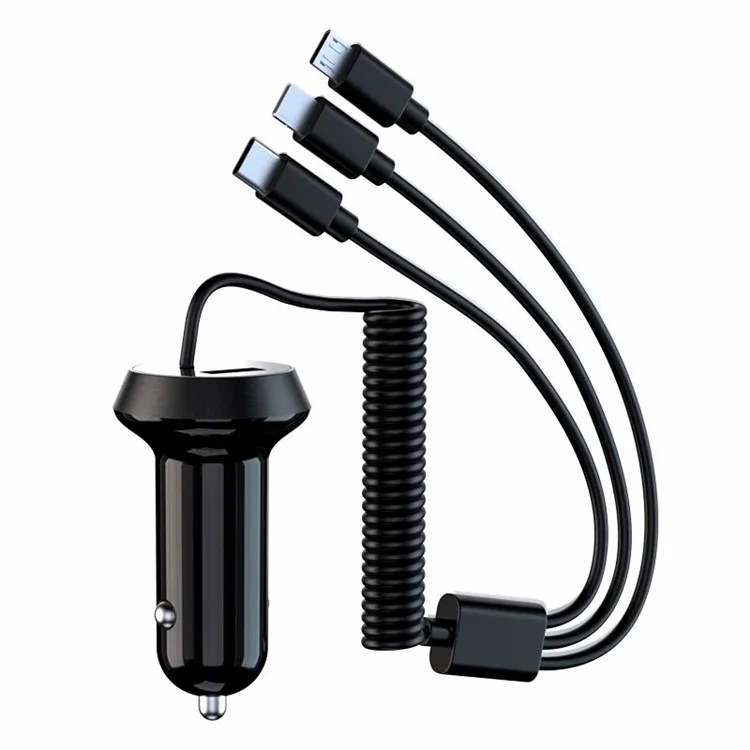 R3XK QC3.0 USB Phone Charging Adapter Digital Display Car Charger with 3-in-1 Spring Cable - Black