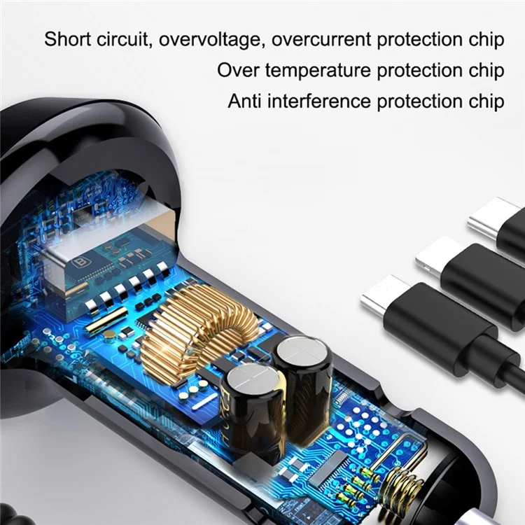 R3XK QC3.0 Usb-ladeadapter-digital-anzeigeauto-ladegerät Mit 3-in-1-federkabel - Schwarz