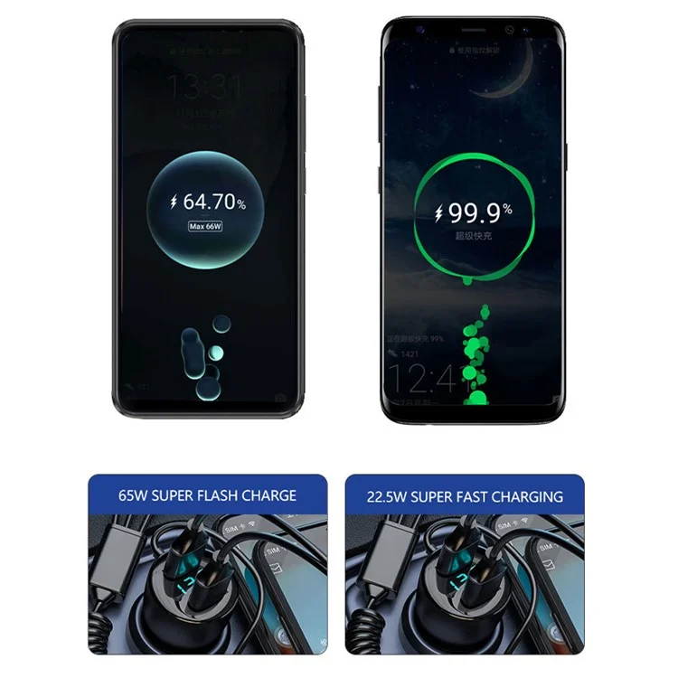 Caricabatterie da auto digitale a doppia USB con display digitale da 110 W con cavo 3 in 1 P5X Fast Charging