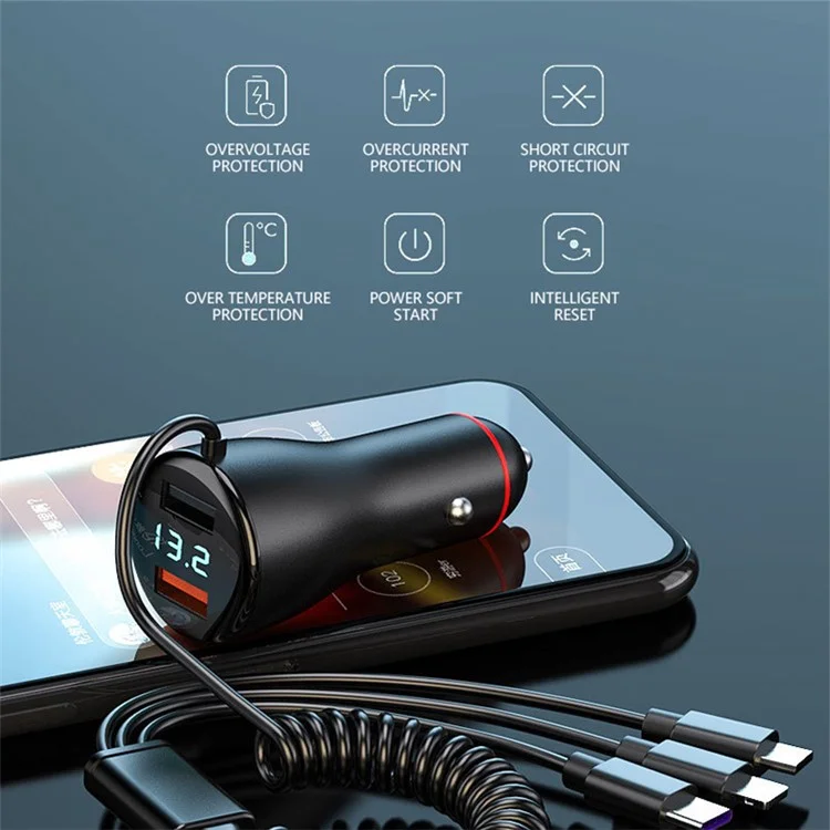 Caricabatterie da auto digitale a doppia USB con display digitale da 110 W con cavo 3 in 1 P5X Fast Charging