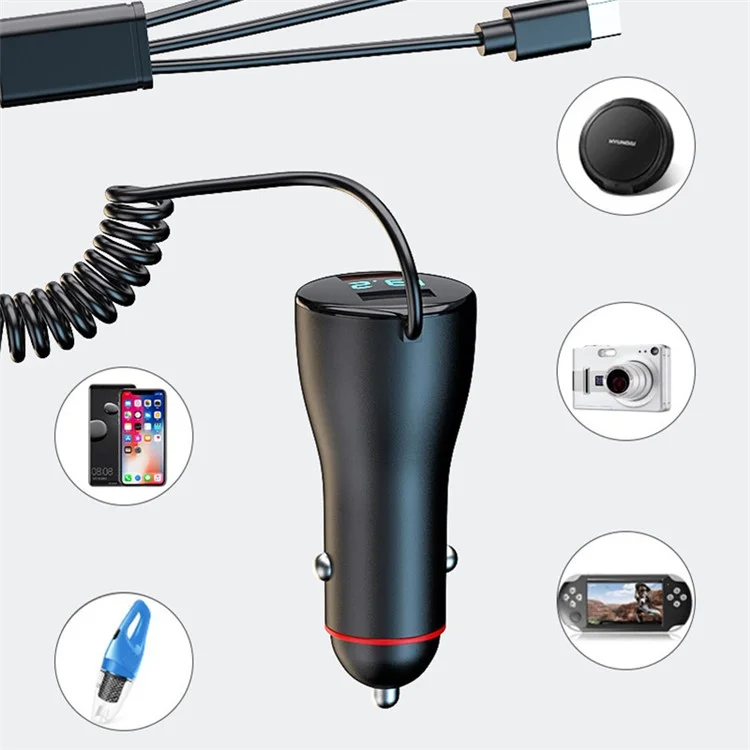 Caricabatterie da auto digitale a doppia USB con display digitale da 110 W con cavo 3 in 1 P5X Fast Charging