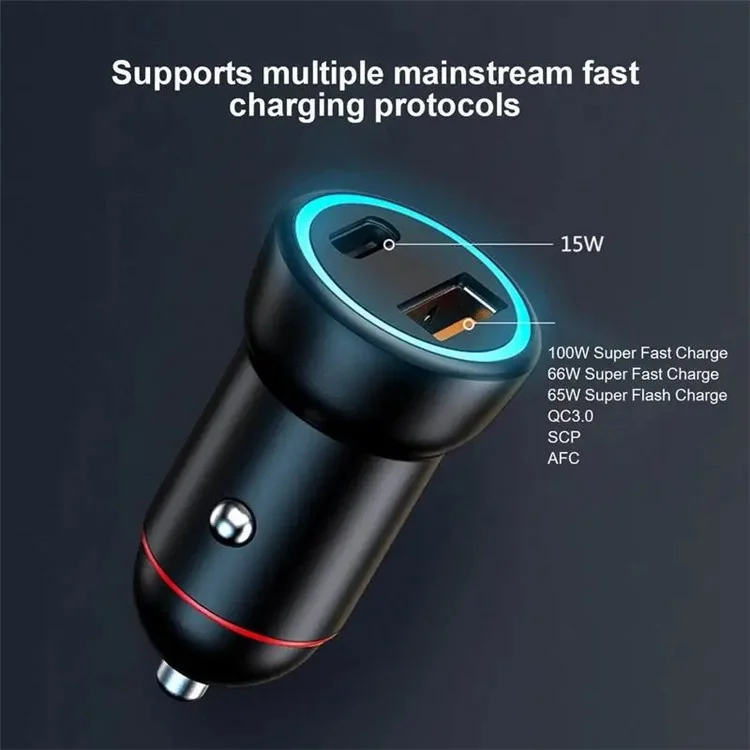 P3 100W Fast Charging Type-C+USB Car Charger with 3-in-1 Cable for Apple / Huawei / Xiaomi