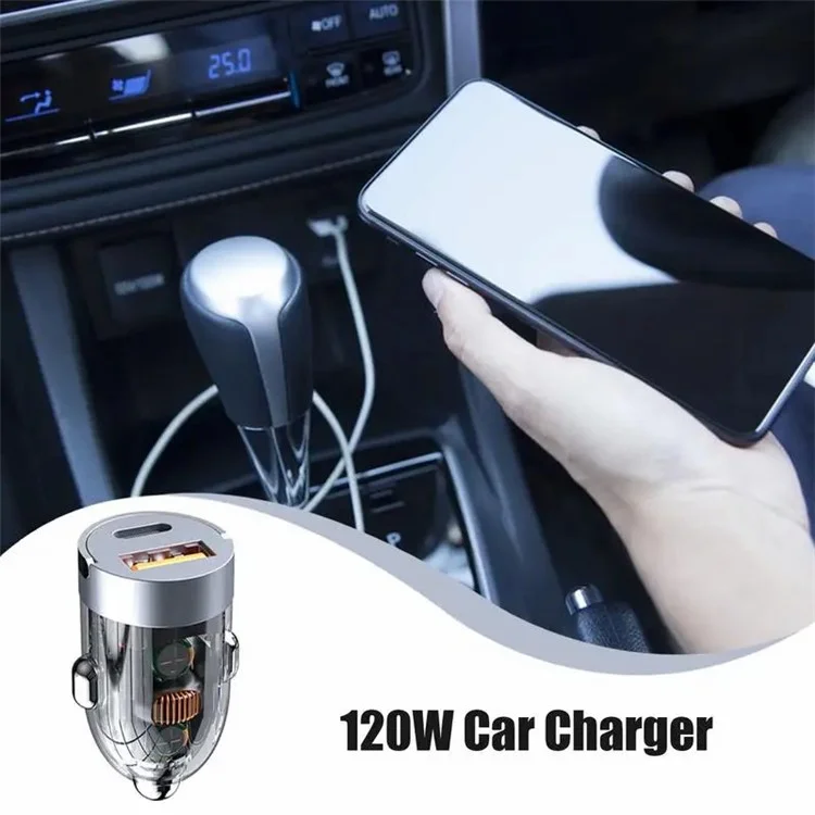 G20T 12-24V 120W Usb + Type-C Adaptateur de Charge Rapide Chargeur de Voiture Transparent Avec Câble de Type c à 8pin