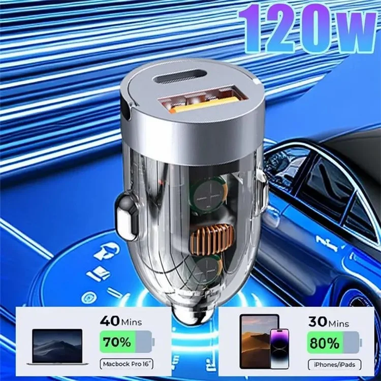 G20T 12-24V 120W USB+Type-C Fast Charging Adapter Transparent Car Charger with Type-C to Type-C Cable