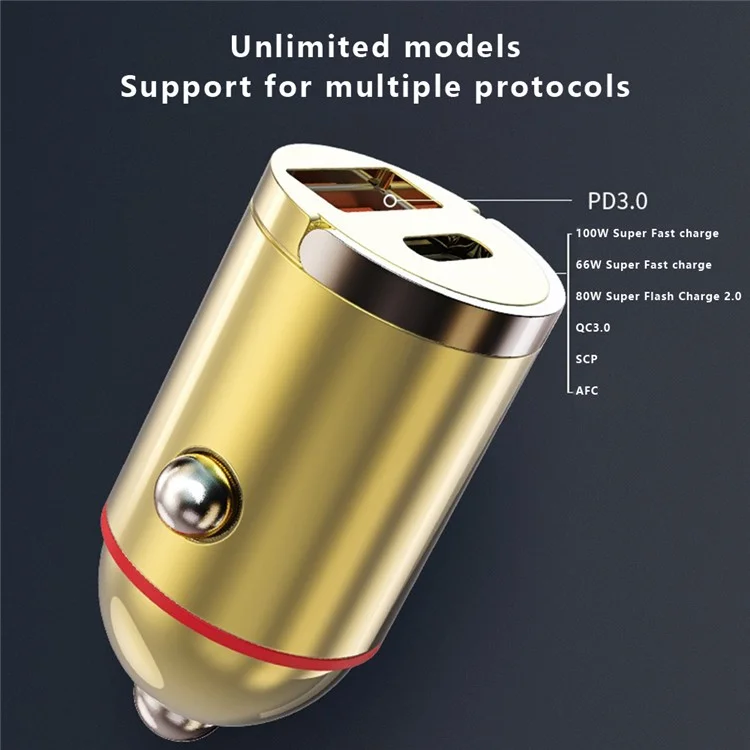 G30J 133W High Power Type-C+USB Dual Port Mini Car Charger with Type-C to 8Pin Cable