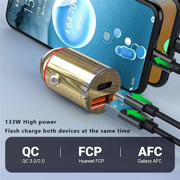 G30J Tipo-C+USB Dual Port 133W High Power Hidden Pull Ring Car Charger
