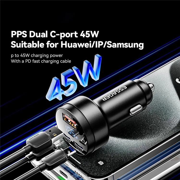 ESSAGER Aluminum Alloy 105W Phone Charger USB+Dual Type-C Car Charger - Black
