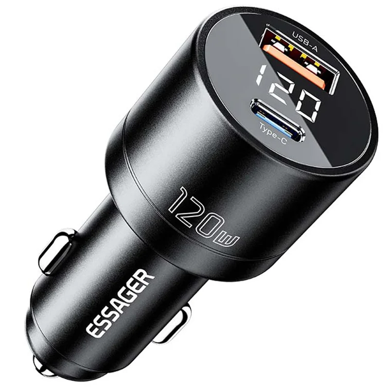 ESSAGER FSJ-009 120W USB+Type-C Aluminum Alloy Adapter Voltage Digital Display Car Charger - Black