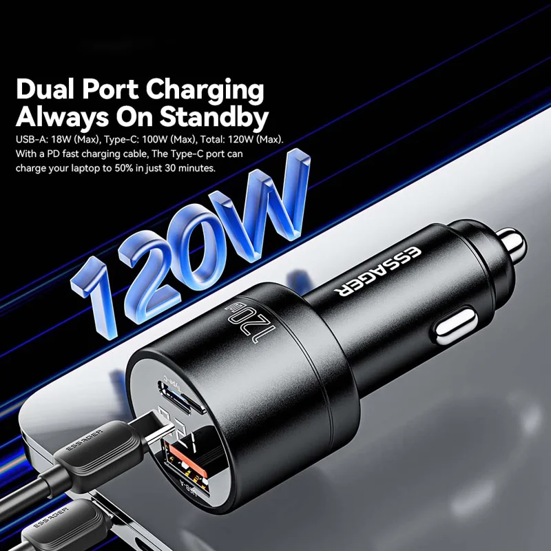 ESSAGER FSJ-009 120W USB+Type-C Aluminum Alloy Adapter Voltage Digital Display Car Charger - Black