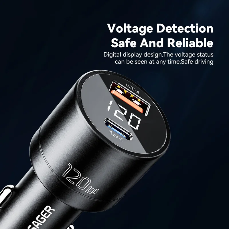 ESSAGER FSJ-009 120W USB+Type-C Aluminum Alloy Adapter Voltage Digital Display Car Charger - Black
