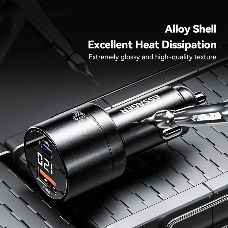ESSAGER FSJ-009 120W USB+Type-C Aluminum Alloy Adapter Voltage Digital Display Car Charger - Black