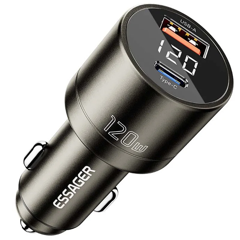 ESSAGER FSJ-009 120W USB+Type-C Aluminum Alloy Adapter Voltage Digital Display Car Charger - Tarnish