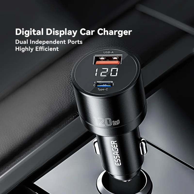 ESSAGER FSJ-009 120W USB+Type-C Aluminum Alloy Adapter Voltage Digital Display Car Charger - Tarnish