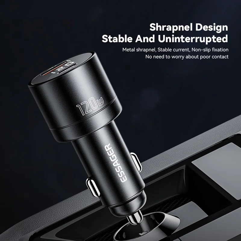 ESSAGER FSJ-009 120W USB+Type-C Aluminum Alloy Adapter Voltage Digital Display Car Charger - Tarnish