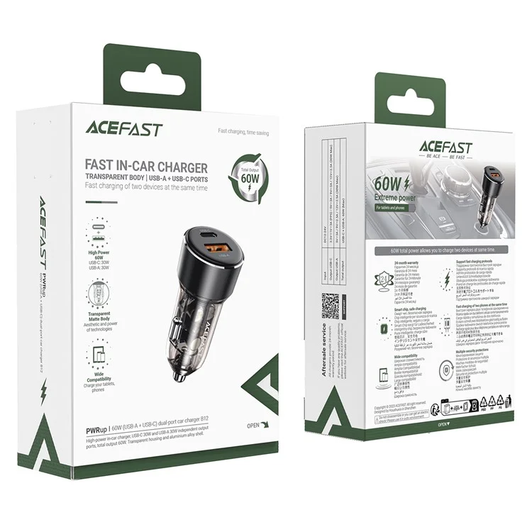 ACEFAST B12 60W USB-A+Type-C Auto-Ladegerät Zigarettenanzünder Handy-Schnellladegerät