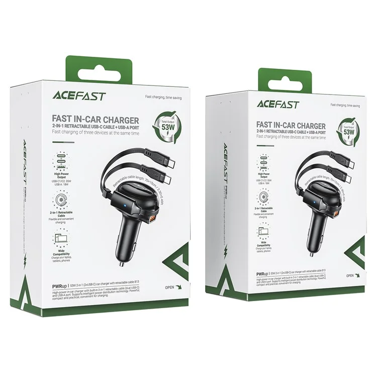 ACEFAST B13 53W USB Car Charger Adapter com 2 Cabos de Carregamento Retráteis Tipo-C