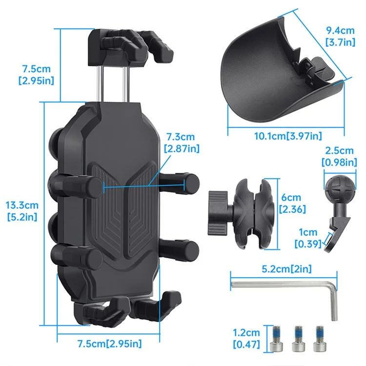 WUPP CS-1988A2 Suporte de Celular para Espelho Retrovisor Ajustável para Motocicleta e Bicicleta, Cabeça de Esfera em Liga de Alumínio