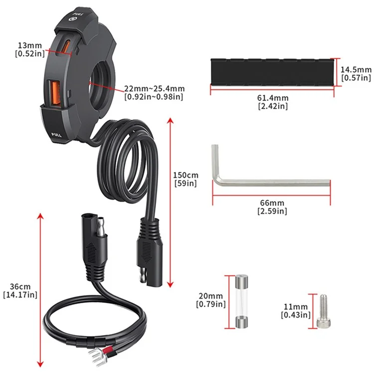 WUPP CS-1944C1 / B1 Caricabatterie USB+Type-C per Motociclette Adattatore di Ricarica per Telefono Cellulare con Coperchio Impermeabile
