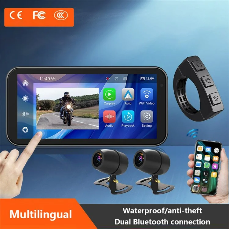 F83 6.25-inch Screen Motorbike Camcorder DVR Bluetooth-compatible Carplay Motorcycle Dual Lens Video Recorder