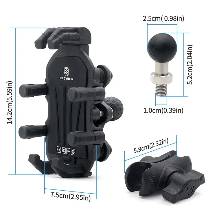 WUPP ZH-1990A2 Motorbike Phone Holder Anti-Shock Aluminium Alloy Phone Mount with M10 Ball