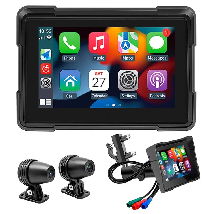 Navegação GPS Carplay de Motocicleta W512B com Tela de Toque IPS de 5 Polegadas e 2 Câmeras + Suporte