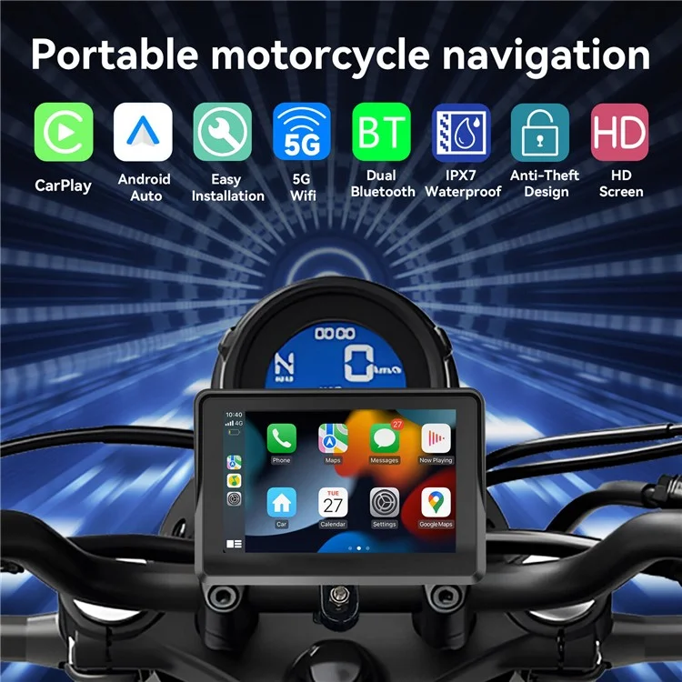 Navegação GPS Carplay de Motocicleta W512B com Tela de Toque IPS de 5 Polegadas e 2 Câmeras + Suporte