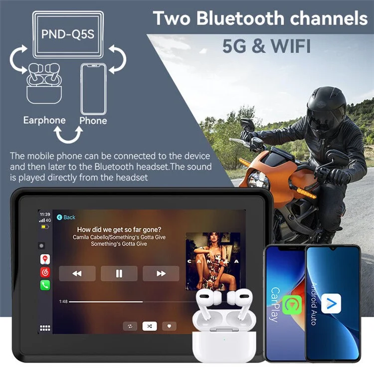 Navegação GPS Carplay de Motocicleta W512B com Tela de Toque IPS de 5 Polegadas e 2 Câmeras + Suporte