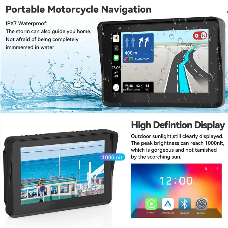 Navegação GPS Carplay de Motocicleta W512B com Tela de Toque IPS de 5 Polegadas e 2 Câmeras + Suporte