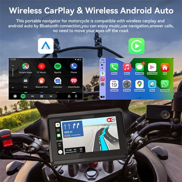 Navegação GPS Carplay de Motocicleta W512B com Tela de Toque IPS de 5 Polegadas e 2 Câmeras + Suporte