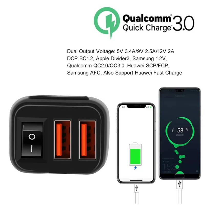 WUPP Motorcycle Handlebar Dual USB Phone Charger Waterproof QC3.0 Adapter Power Supply Socket Voltmeter - Blue