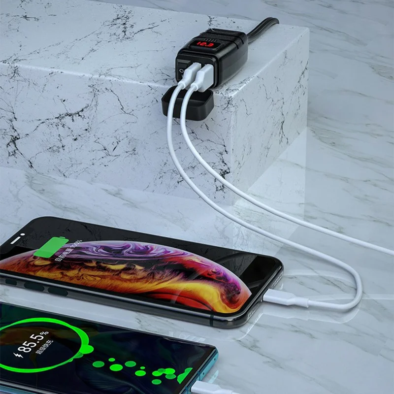 WUPP Motorcycle Handlebar Dual USB Phone Charger Waterproof QC3.0 Adapter Power Supply Socket Voltmeter - Blue