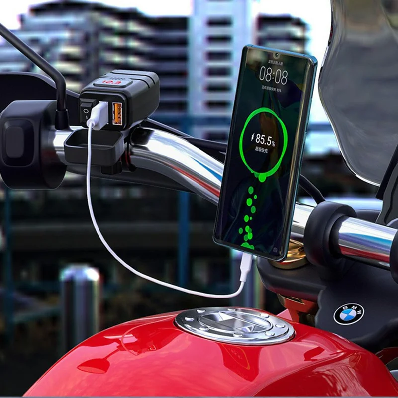 WUPP Motorcycle Handlebar Dual USB Phone Charger Waterproof QC3.0 Adapter Power Supply Socket Voltmeter - Blue