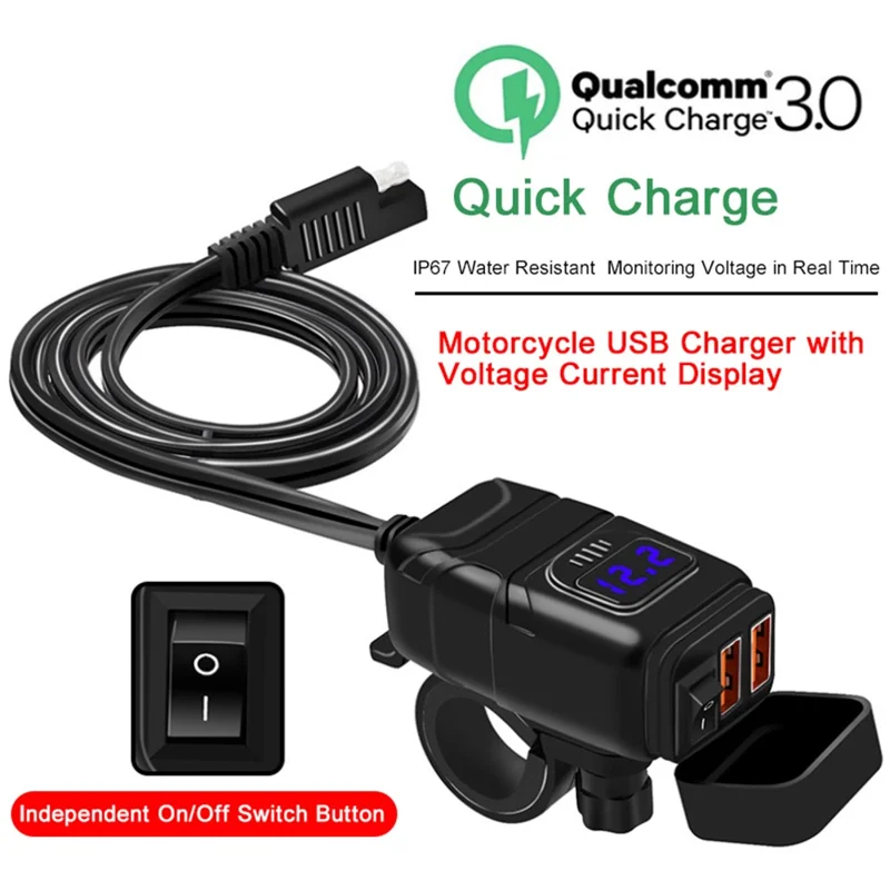 WUPP Motorcycle Handlebar Dual USB Phone Charger Waterproof QC3.0 Adapter Power Supply Socket Voltmeter - Blue