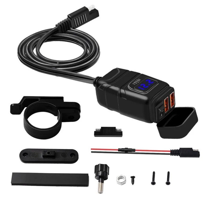WUPP Motorcycle Handlebar Dual USB Phone Charger Waterproof QC3.0 Adapter Power Supply Socket Voltmeter - Blue