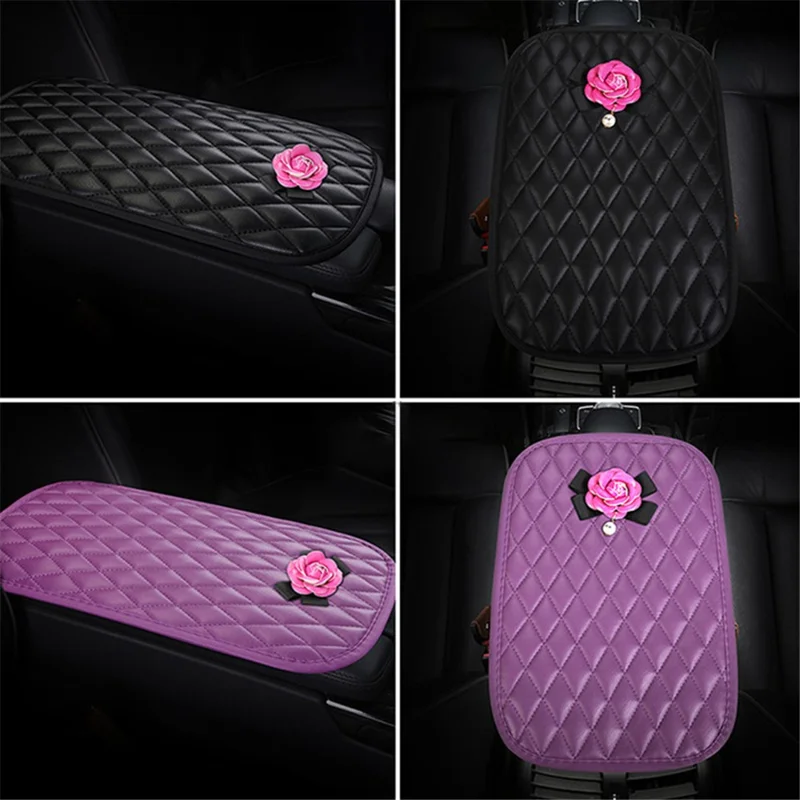 Camellia Design PU Leather Car Armrest Pad Auto Center Armrest Box Decorative Mat - Rose