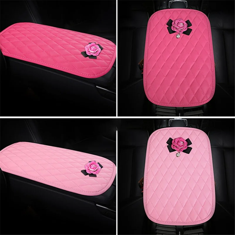 Camellia Design PU Leather Car Armrest Pad Auto Center Armrest Box Decorative Mat - Rose