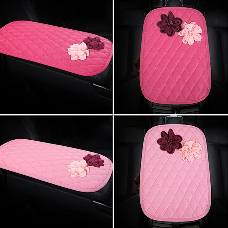 Rose Flower Decor PU Leather Car Armrest Pad Vehicle Armrest Box Decorative Mat - Purple