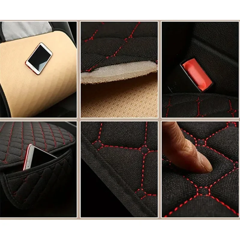 Anti-Slip Rhombus Embroidered Leather Car Front Seat Cushion + Backrest Pad Set - Black  /  White