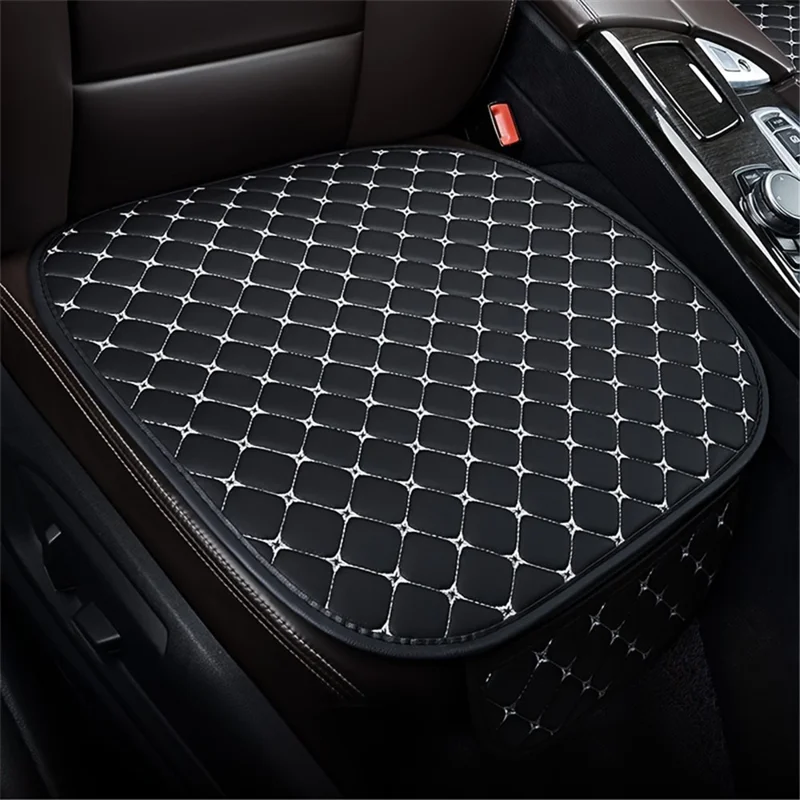 Anti-Slip Rhombus Embroidered Leather Car Front Seat Cushion + Backrest Pad Set - Black  /  White