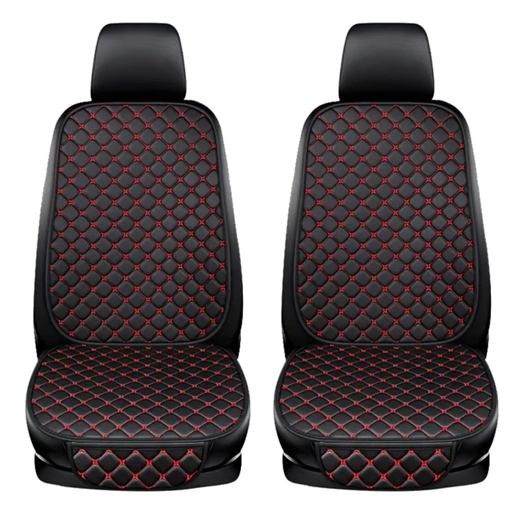 2 Sets Rhombus Embroidered Leather Car Front Seat Cushion + Backrest Pad Set - Schwarz / Rot