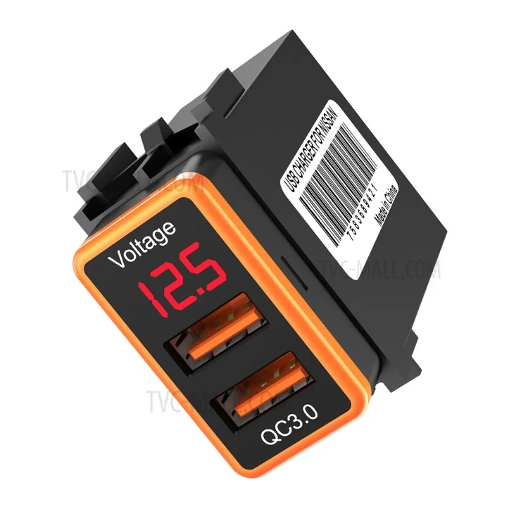 USB QC3.0 Dual Port Voltage Display Car Charger Socket Fast Phone Charging Adapter for Nissan