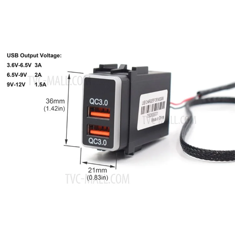 USB QC3.0 Dual Port Voltage Display Car Charger Socket Fast Phone Charging Adapter for Nissan