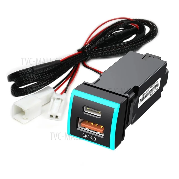 Tomada de carregador rápido do tipo C USB QC3.0 LED de 22x22mm para carro, acessório de modificação de veículo para Toyota Corolla Camry (conexão de fiação do isqueiro)