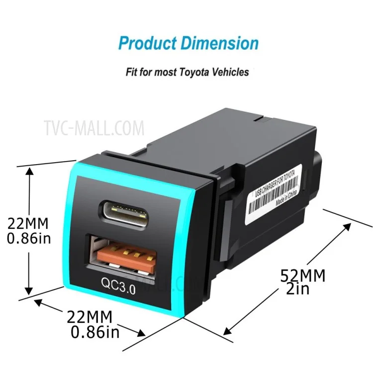 Tomada de carregador rápido do tipo C USB QC3.0 LED de 22x22mm para carro, acessório de modificação de veículo para Toyota Corolla Camry (conexão de fiação do isqueiro)