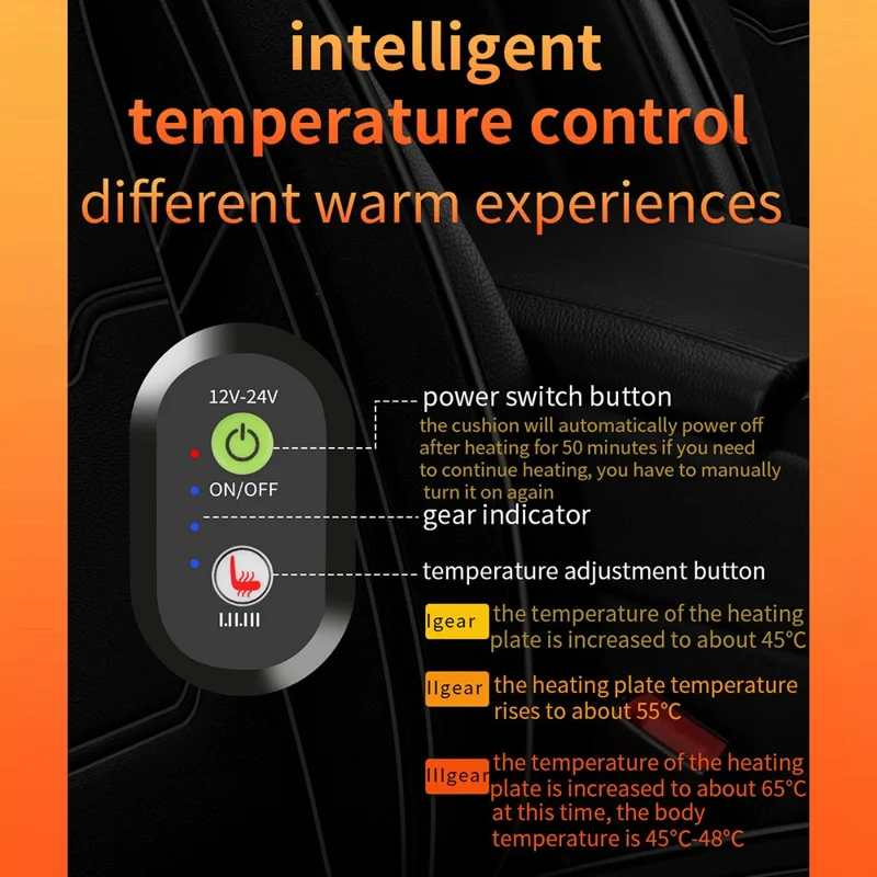 12V / 24V Single Seat Car Cigarette Lighter Heated Seat Cushion Chair Heating Pad with 3 Heat Settings - Black